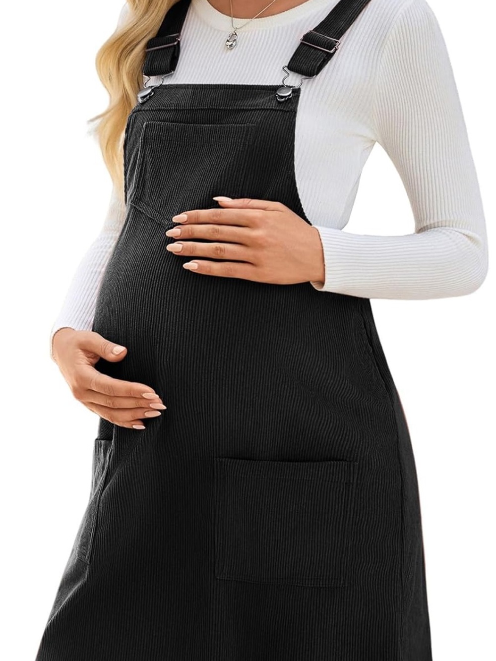 Black Corduroy Maternity Dress with Front Pockets and adjustable side buttons